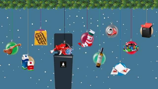 Grafik med julekugler, skraldespand og affald